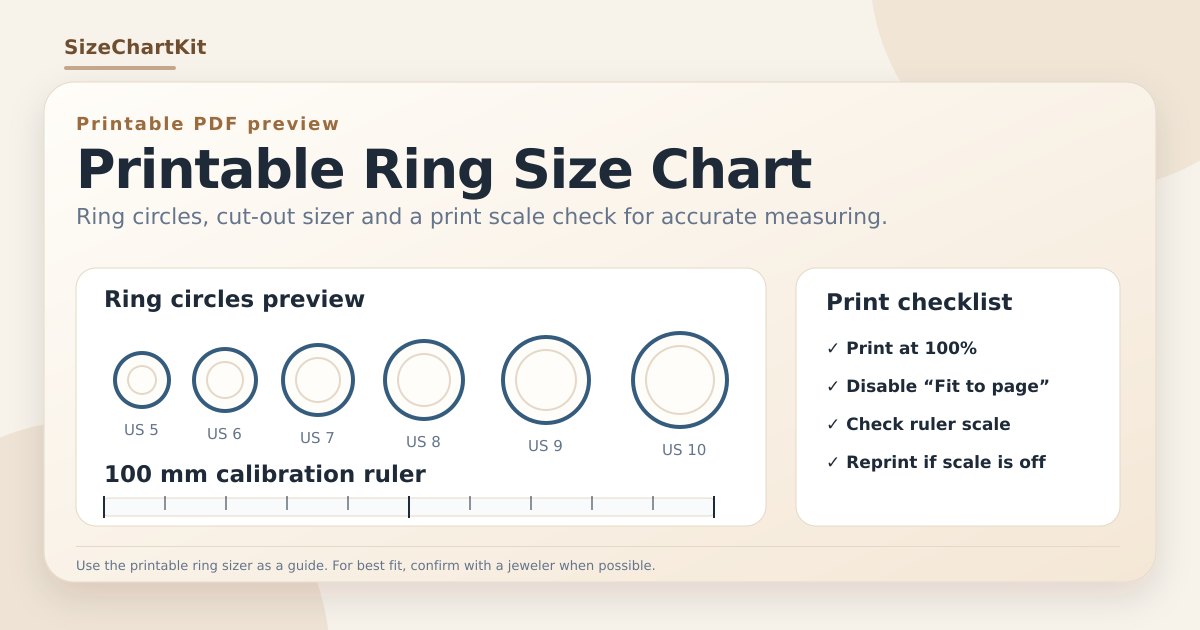 Printable ring size chart PDF with ring size circles and measurement ruler