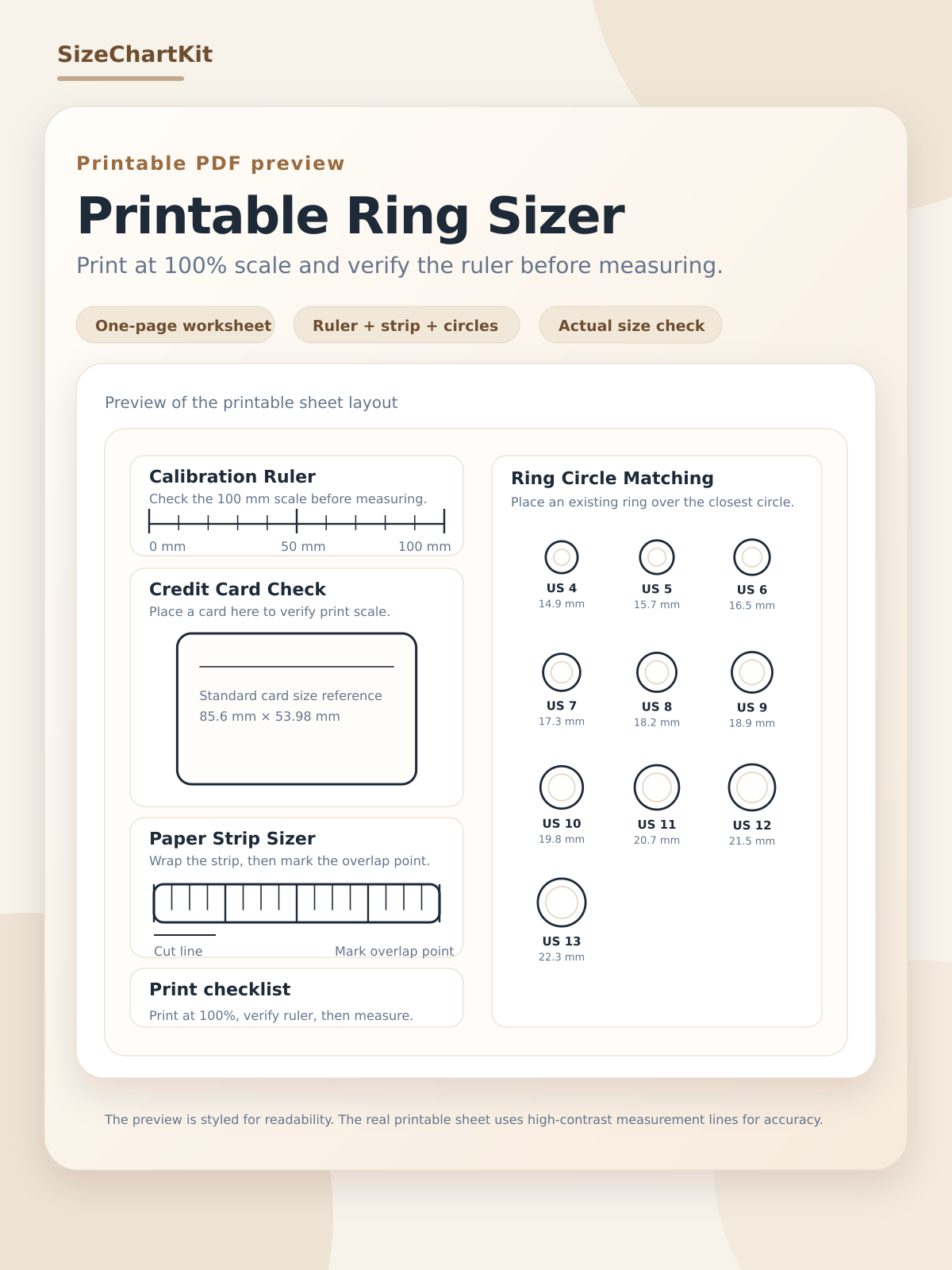 Printable ring size chart preview with ring circles, calibration ruler, and print checklist
