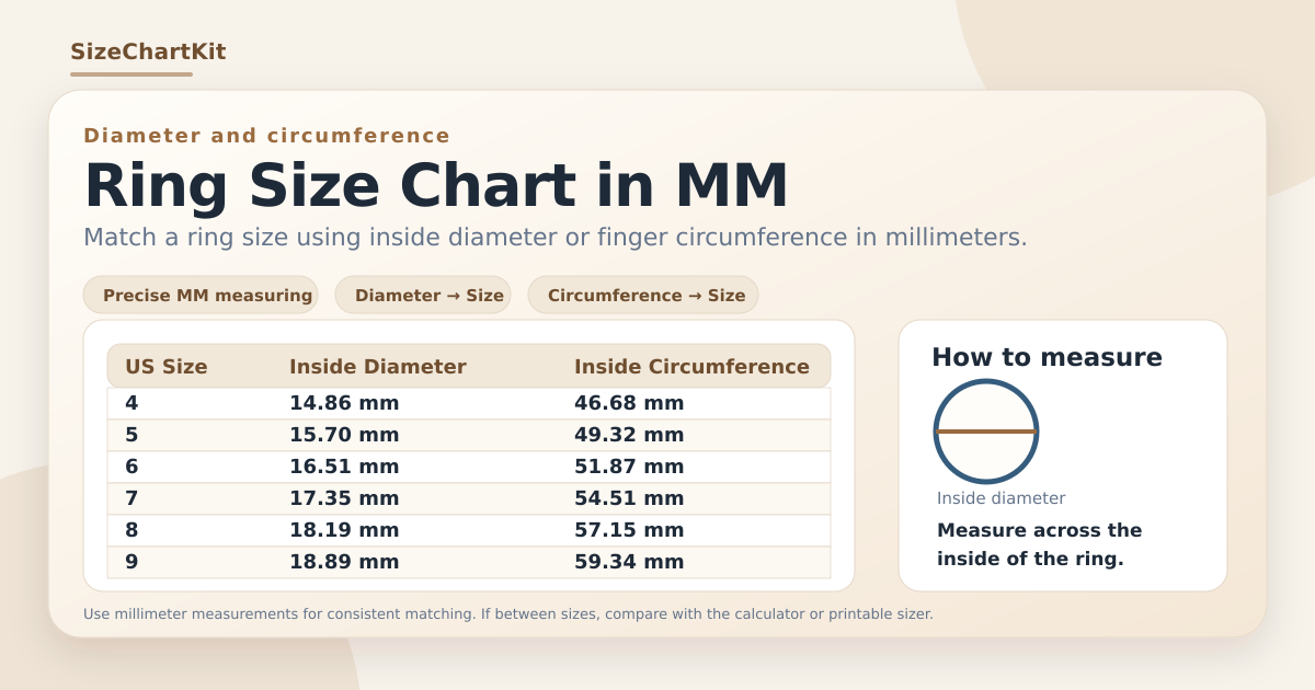 Ring size chart in millimeters showing inside diameter and circumference